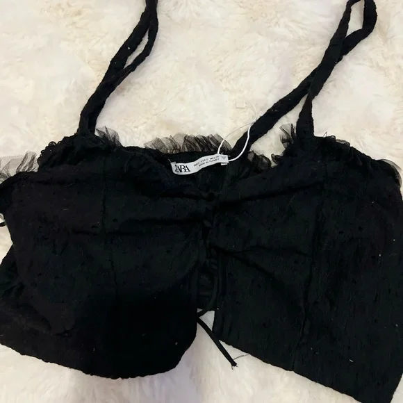 Zara Black Ruched Top with Ruffle Detail - Picture 2 of 5